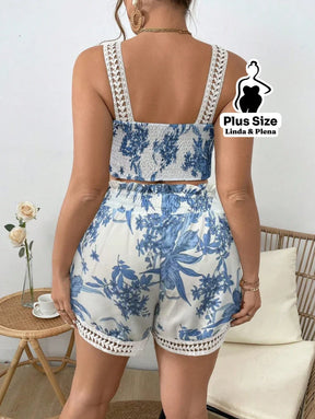 Conjunto Cropped Com Alça E Short Estampado Plus Size Conjunto Cropped Com Alça E Short Estampado Plus Size