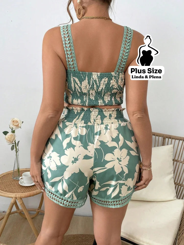 Conjunto Cropped Com Alça E Short Estampado Plus Size Conjunto Cropped Com Alça E Short Estampado Plus Size