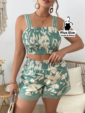 Conjunto Cropped Com Alça E Short Estampado Plus Size Conjunto Cropped Com Alça E Short Estampado Plus Size