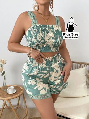 Conjunto Cropped Com Alça E Short Estampado Plus Size Conjunto Cropped Com Alça E Short Estampado Plus Size