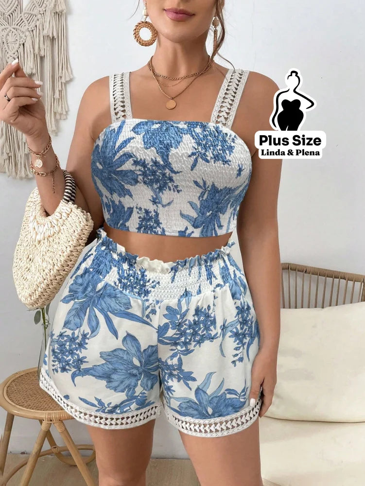 Conjunto Cropped Com Alça E Short Estampado Plus Size Azul / G Conjunto Cropped Com Alça E Short Estampado Plus Size