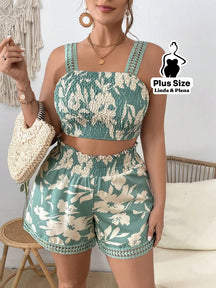 Conjunto Cropped Com Alça E Short Estampado Plus Size Verde / G Conjunto Cropped Com Alça E Short Estampado Plus Size
