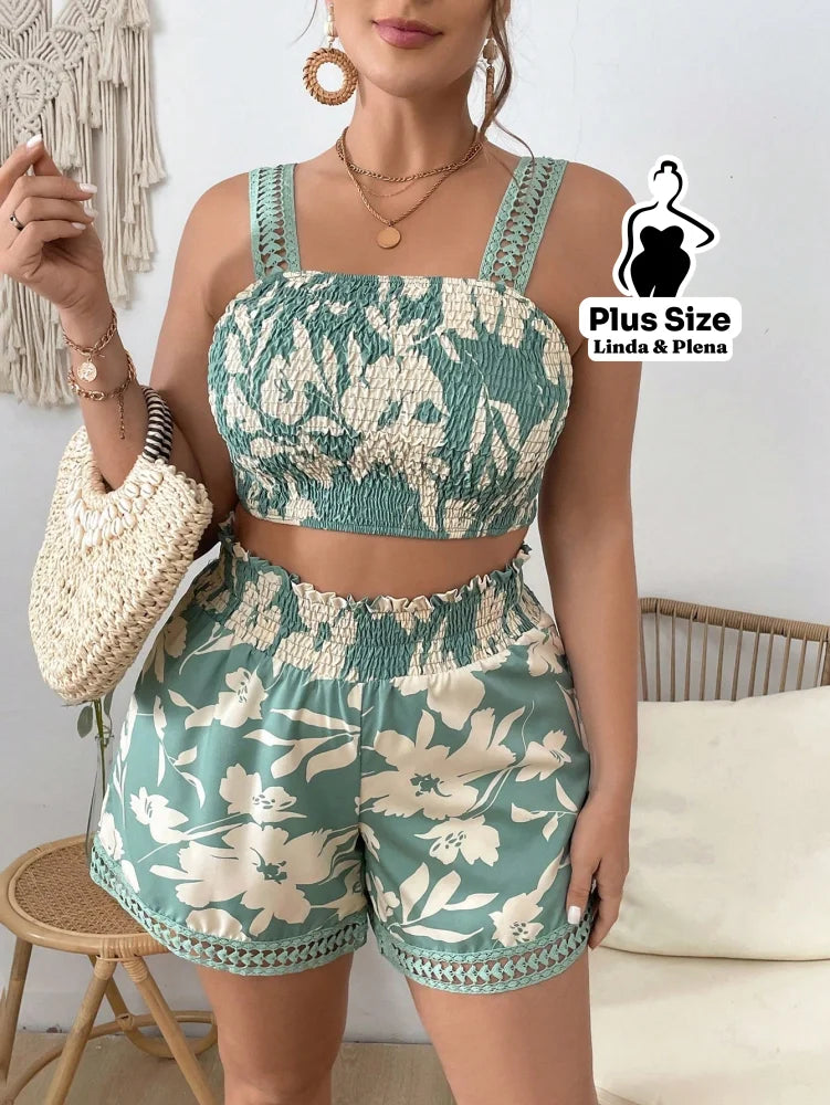Conjunto Cropped Com Alça E Short Estampado Plus Size Verde / G Conjunto Cropped Com Alça E Short Estampado Plus Size