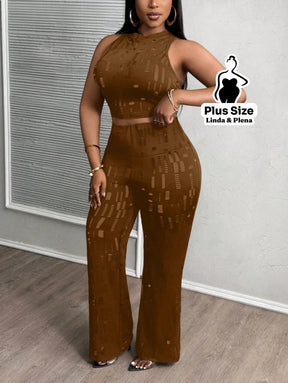 Conjunto Cropped Com Calça Flare Em Tule Plus Size Conjunto Cropped Com Calça Flare Em Tule Plus Size