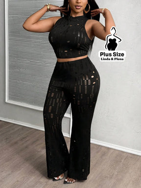 Conjunto Cropped Com Calça Flare Em Tule Plus Size Conjunto Cropped Com Calça Flare Em Tule Plus Size