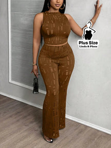 Conjunto Cropped Com Calça Flare Em Tule Plus Size Castanho / G Conjunto Cropped Com Calça Flare Em Tule Plus Size