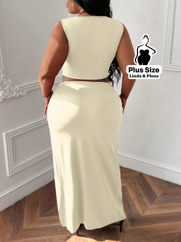 Conjunto Cropped Com Saia Longa E Fenda Lateral Plus Size Conjunto Cropped Com Saia Longa E Fenda Lateral Plus Size