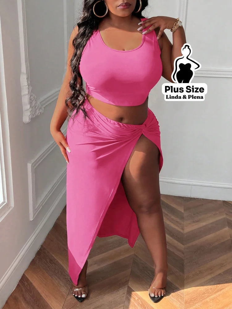 Conjunto Cropped Com Saia Longa E Fenda Lateral Plus Size Pink / G Conjunto Cropped Com Saia Longa E Fenda Lateral Plus