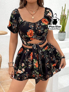 Conjunto Cropped Decote V Manga Curta Saia Camadas Plus Size Conjunto Cropped Decote V Manga Curta Saia Camadas Plus