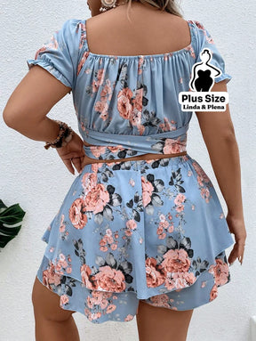 Conjunto Cropped Decote V Manga Curta Saia Camadas Plus Size Conjunto Cropped Decote V Manga Curta Saia Camadas Plus