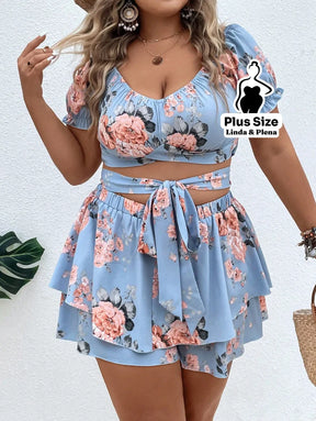 Conjunto Cropped Decote V Manga Curta Saia Camadas Plus Size Azul Bebê / G Conjunto Cropped Decote V Manga Curta Saia