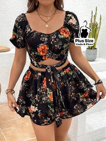 Conjunto Cropped Decote V Manga Curta Saia Camadas Plus Size Preto / G Conjunto Cropped Decote V Manga Curta Saia