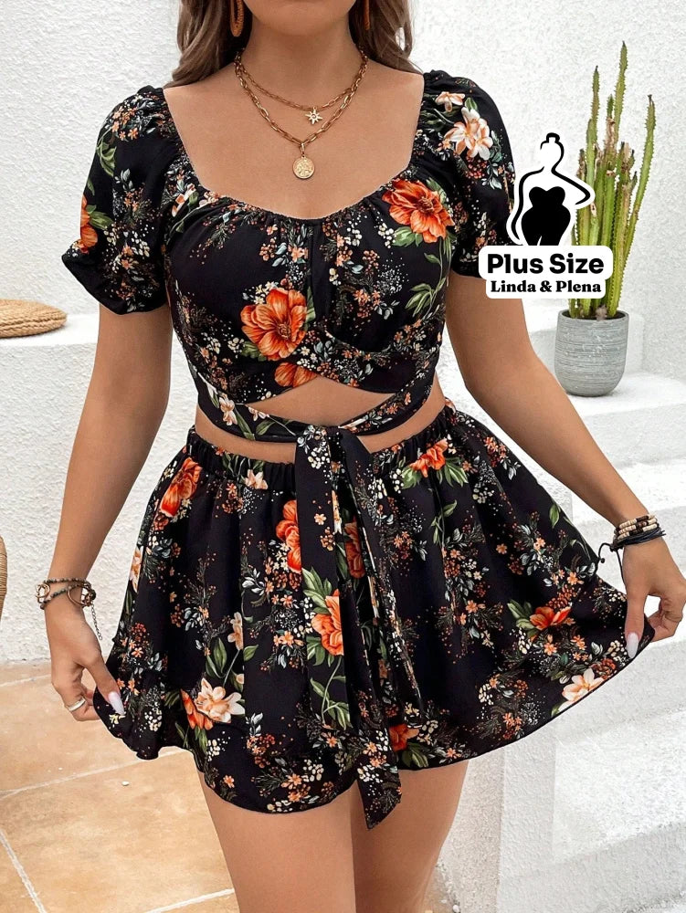 Conjunto Cropped Decote V Manga Curta Saia Camadas Plus Size Preto / G Conjunto Cropped Decote V Manga Curta Saia