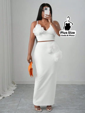Conjunto Cropped E Saia Longa Com Aplicações Florais Plus Size Conjunto Cropped E Saia Longa Com Aplicações Florais