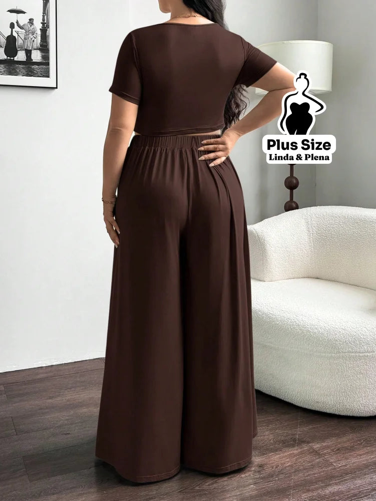 Conjunto Cropped Justo E Calça Pantalona Leve Plus Size Conjunto Cropped Justo E Calça Pantalona Leve Plus Size