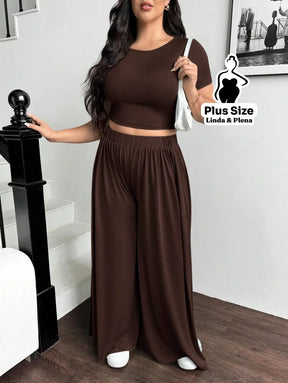 Conjunto Cropped Justo E Calça Pantalona Leve Plus Size Conjunto Cropped Justo E Calça Pantalona Leve Plus Size