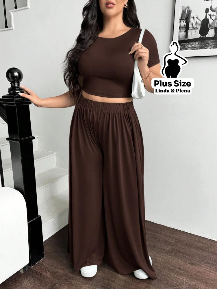 Conjunto Cropped Justo E Calça Pantalona Leve Plus Size Conjunto Cropped Justo E Calça Pantalona Leve Plus Size