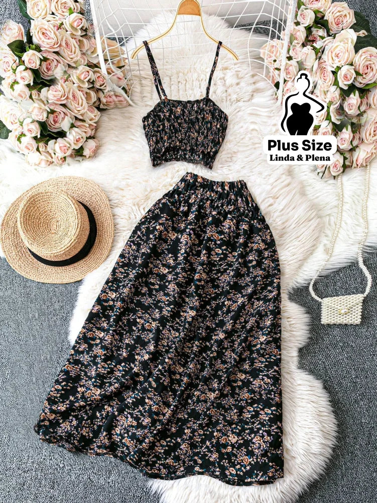 Conjunto Cropped Lastex Alça Fina Saia Longa Cós Alto Plus Size Conjunto Cropped Lastex Alça Fina Saia Longa Cós Alto