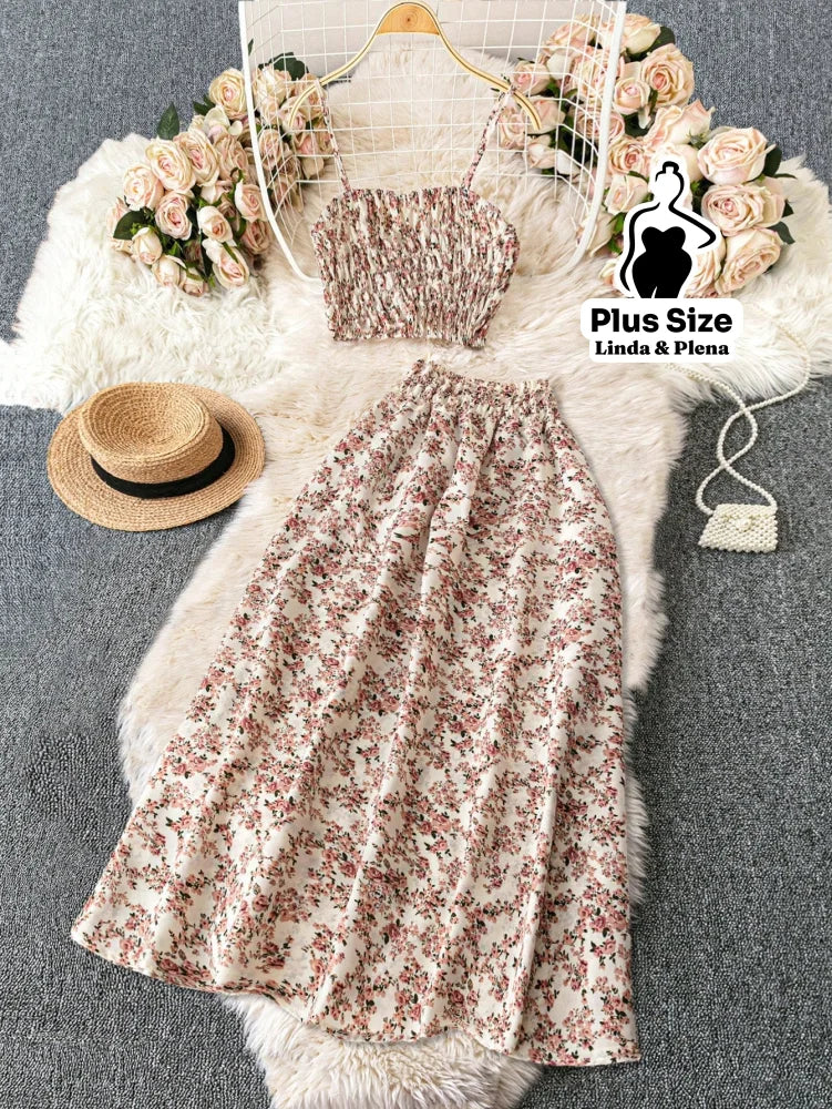 Conjunto Cropped Lastex Alça Fina Saia Longa Cós Alto Plus Size Damasco / G Conjunto Cropped Lastex Alça Fina Saia
