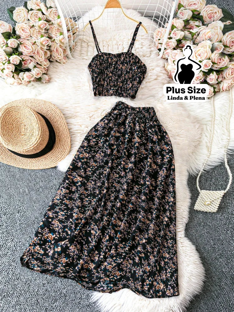Conjunto Cropped Lastex Alça Fina Saia Longa Cós Alto Plus Size Preto / G Conjunto Cropped Lastex Alça Fina Saia Longa