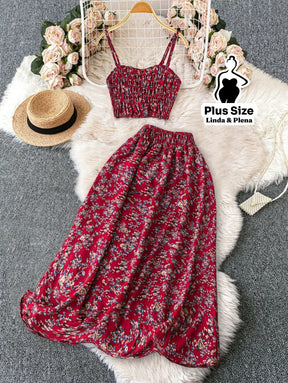 Conjunto Cropped Lastex Alça Fina Saia Longa Cós Alto Plus Size Vermelho / G Conjunto Cropped Lastex Alça Fina Saia