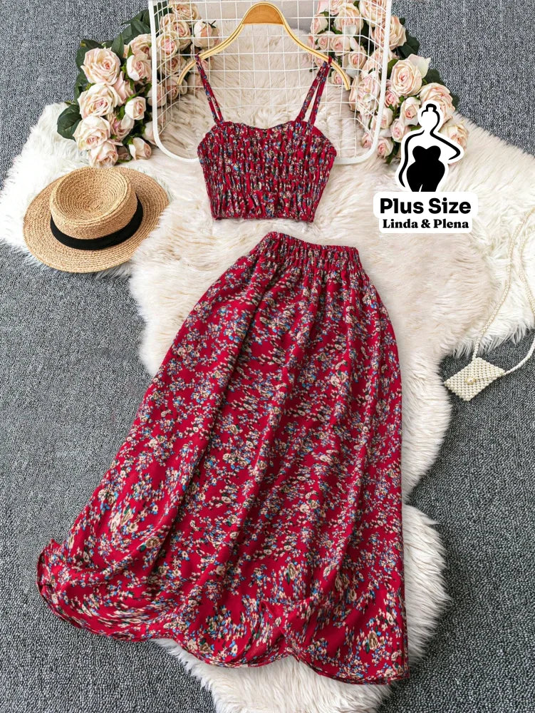 Conjunto Cropped Lastex Alça Fina Saia Longa Cós Alto Plus Size Vermelho / G Conjunto Cropped Lastex Alça Fina Saia