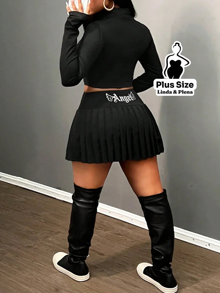 Conjunto Cropped Manga Longa Com Saia Plissada Plus Size Conjunto Cropped Manga Longa Com Saia Plissada Plus Size