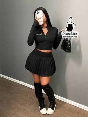 Conjunto Cropped Manga Longa Com Saia Plissada Plus Size Conjunto Cropped Manga Longa Com Saia Plissada Plus Size