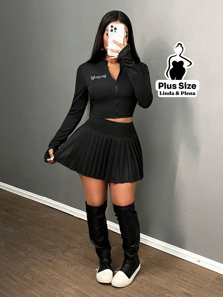 Conjunto Cropped Manga Longa Com Saia Plissada Plus Size G Conjunto Cropped Manga Longa Com Saia Plissada Plus Size