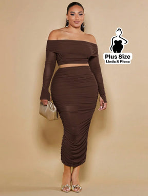 Conjunto Cropped Ombro Manga Longa Saia Midi Franzida Plus Size Café / G Conjunto Tomara Que Caia Botões Pantalona