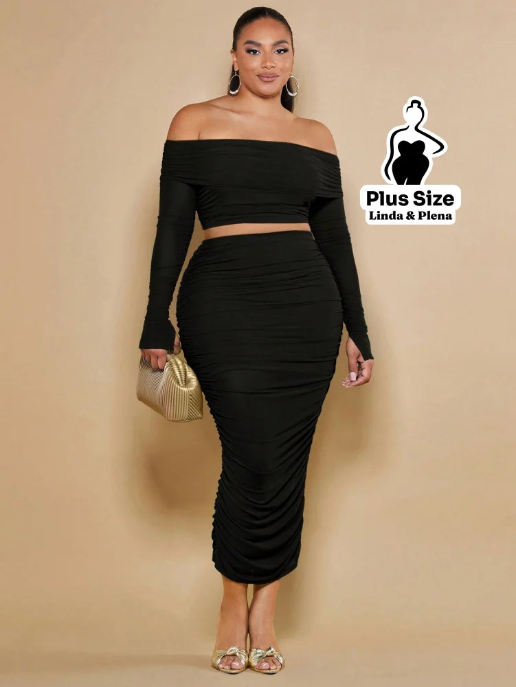 Conjunto Cropped Ombro Manga Longa Saia Midi Franzida Plus Size Preto / G Conjunto Tomara Que Caia Botões Pantalona