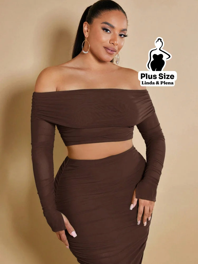 Conjunto Cropped Ombro Manga Longa Saia Midi Franzida Plus Size Conjunto Tomara Que Caia Botões Pantalona Cintura Alta