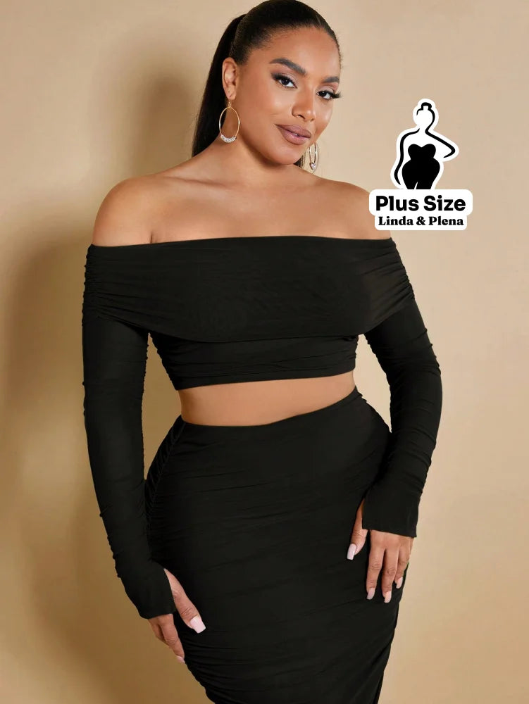 Conjunto Cropped Ombro Manga Longa Saia Midi Franzida Plus Size Conjunto Tomara Que Caia Botões Pantalona Cintura Alta