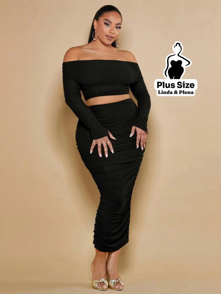 Conjunto Cropped Ombro Manga Longa Saia Midi Franzida Plus Size Conjunto Tomara Que Caia Botões Pantalona Cintura Alta