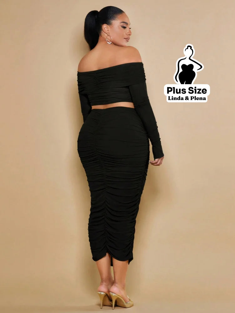 Conjunto Cropped Ombro Manga Longa Saia Midi Franzida Plus Size Conjunto Tomara Que Caia Botões Pantalona Cintura Alta
