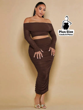 Conjunto Cropped Ombro Manga Longa Saia Midi Franzida Plus Size Conjunto Tomara Que Caia Botões Pantalona Cintura Alta