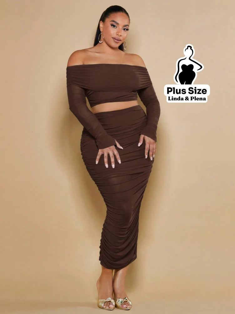 Conjunto Cropped Ombro Manga Longa Saia Midi Franzida Plus Size Conjunto Tomara Que Caia Botões Pantalona Cintura Alta