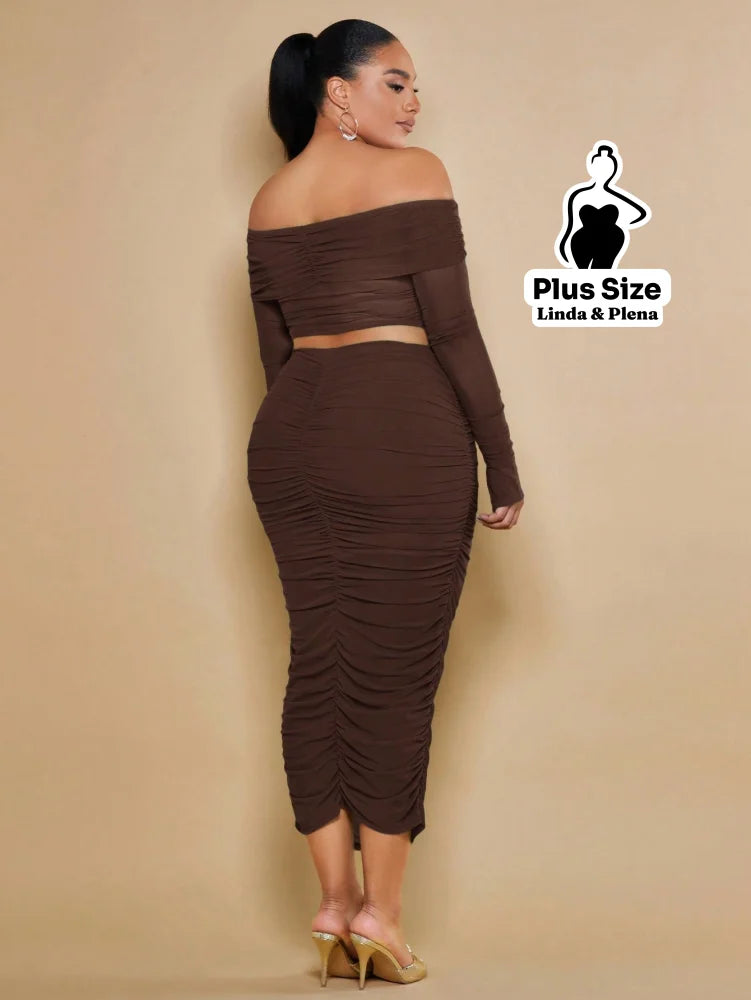 Conjunto Cropped Ombro Manga Longa Saia Midi Franzida Plus Size Conjunto Tomara Que Caia Botões Pantalona Cintura Alta