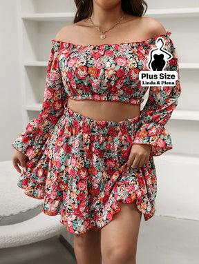 Conjunto Cropped Ombro Manga Longa Saia Rodada Plus Size Conjunto Cropped Ombro Manga Longa Saia Rodada Plus Size