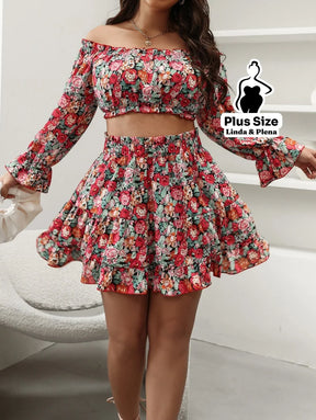Conjunto Cropped Ombro Manga Longa Saia Rodada Plus Size Conjunto Cropped Ombro Manga Longa Saia Rodada Plus Size