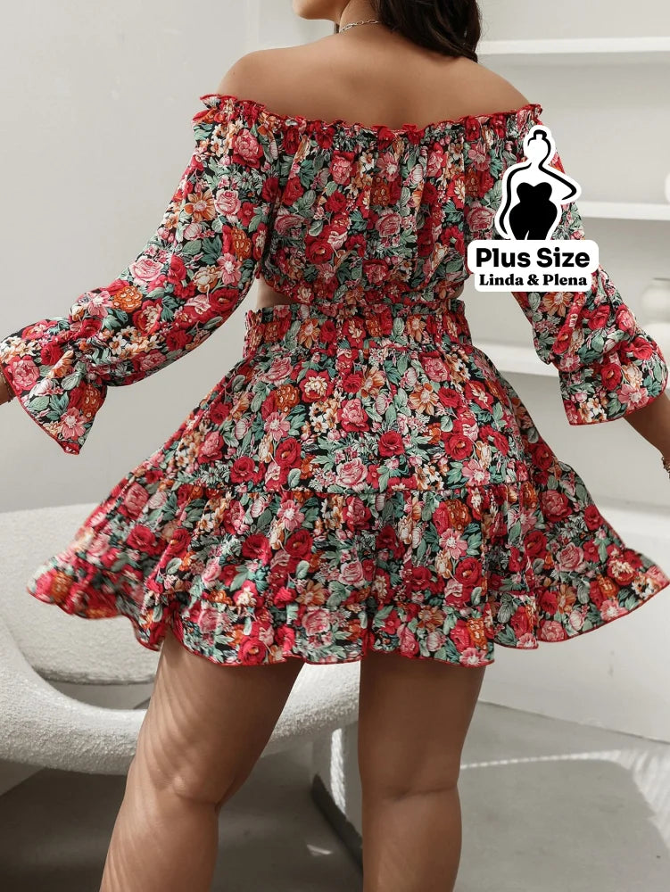 Conjunto Cropped Ombro Manga Longa Saia Rodada Plus Size Conjunto Cropped Ombro Manga Longa Saia Rodada Plus Size