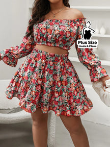 Conjunto Cropped Ombro Manga Longa Saia Rodada Plus Size G Conjunto Cropped Ombro Manga Longa Saia Rodada Plus Size