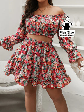 Conjunto Cropped Ombro Manga Longa Saia Rodada Plus Size G Conjunto Cropped Ombro Manga Longa Saia Rodada Plus Size