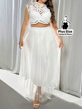 Conjunto Cropped Renda Floral Com Saia De Tule Plus Size Conjunto Cropped Renda Floral Com Saia De Tule Plus Size