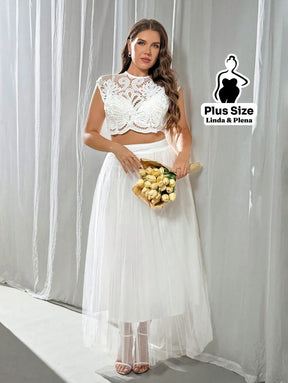 Conjunto Cropped Renda Floral Com Saia De Tule Plus Size Conjunto Cropped Renda Floral Com Saia De Tule Plus Size