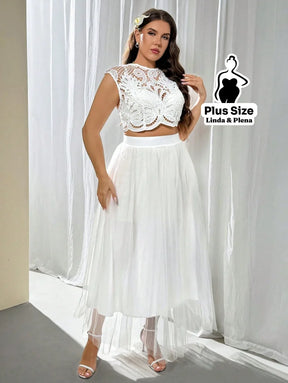 Conjunto Cropped Renda Floral Com Saia De Tule Plus Size Conjunto Cropped Renda Floral Com Saia De Tule Plus Size