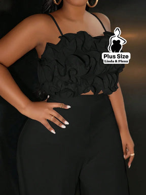 Conjunto Cropped Texturizado Com Calça Pantalona Plus Size Conjunto Cropped Texturizado Com Calça Pantalona Plus Size