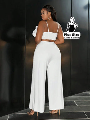 Conjunto Cropped Texturizado Com Calça Pantalona Plus Size Conjunto Cropped Texturizado Com Calça Pantalona Plus Size