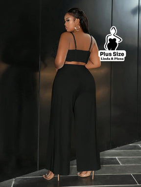 Conjunto Cropped Texturizado Com Calça Pantalona Plus Size Conjunto Cropped Texturizado Com Calça Pantalona Plus Size