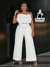 Conjunto Cropped Texturizado Com Calça Pantalona Plus Size Branco / G Conjunto Cropped Texturizado Com Calça Pantalona